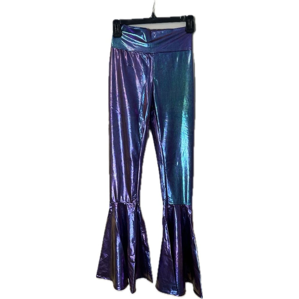 Iridescent Green Rave Festival Costumes Boho Hippie Holographic High Waisted